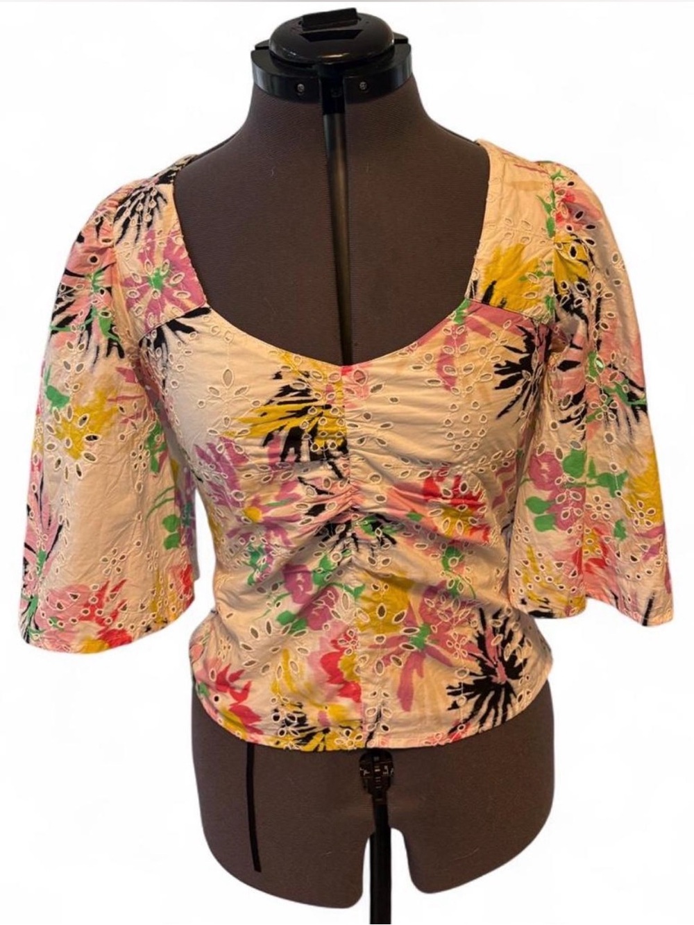 Scotch & Soda Pink Multi Floral Eyelet Puff-Sleeve Top